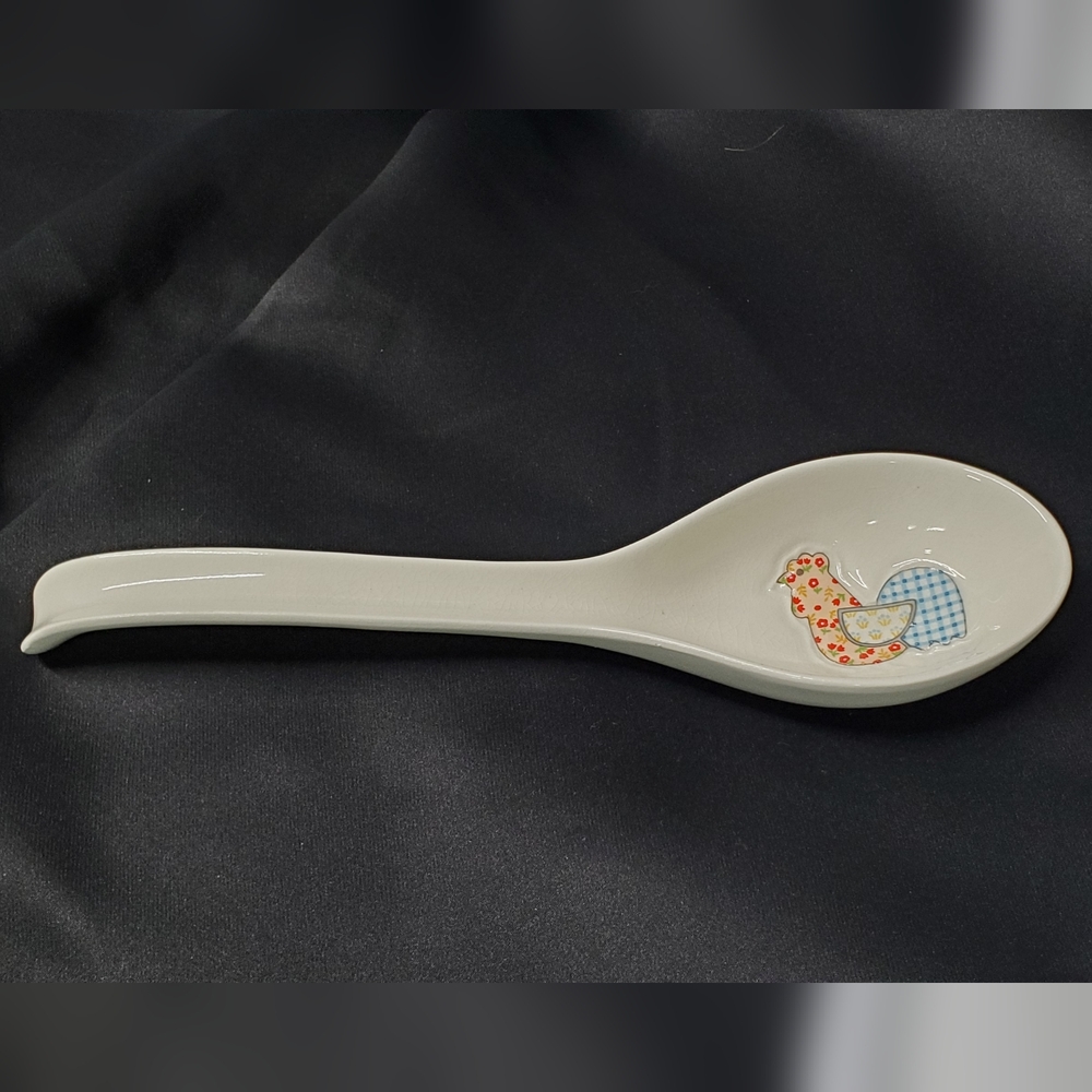 VTG Ceramic Spoon Rest Patchwork Rooster Floral Gingham Quilted Japan 10"x3.75"